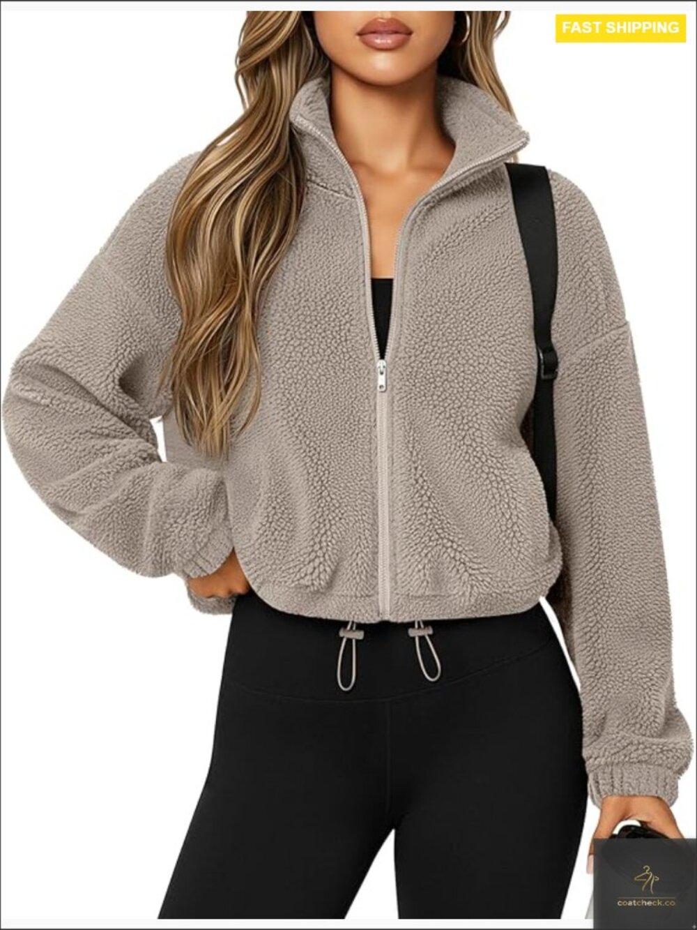 Cropped Fleece Jacket Sherpa Stand Collar Zip Up Winter Coat Trendy Chic